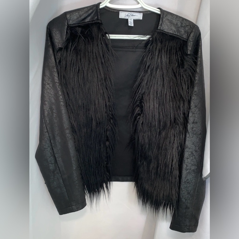 Libby Edelman Black Faux Fur Blazer Teddy Jacket Extra Small Great for Layering